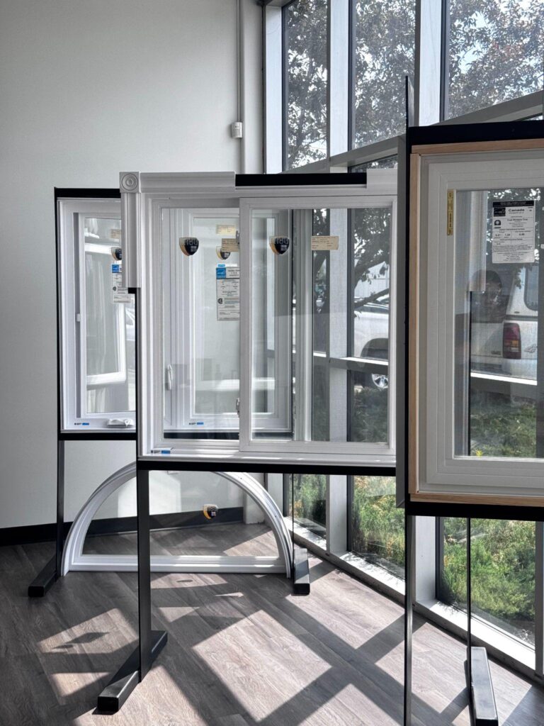 Modern vinyl replacement windows on display in a showroom, showcasing different window styles and energy-efficient frame options.